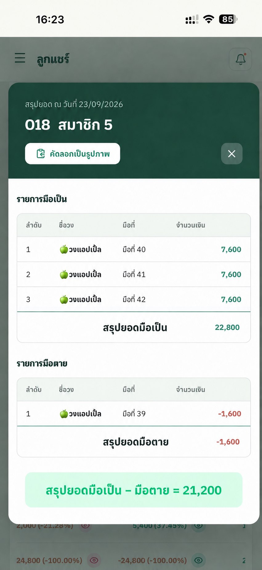 หน้าสรุปมือเป็นและมือตายของวงแชร์บนมือถือ